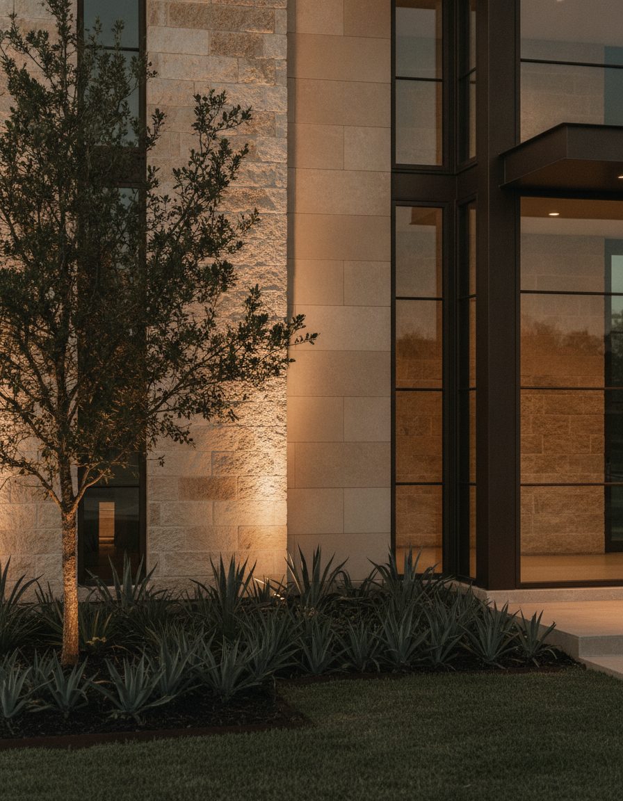 Limestone and bronze entry of a North Dallas home lit at dusk