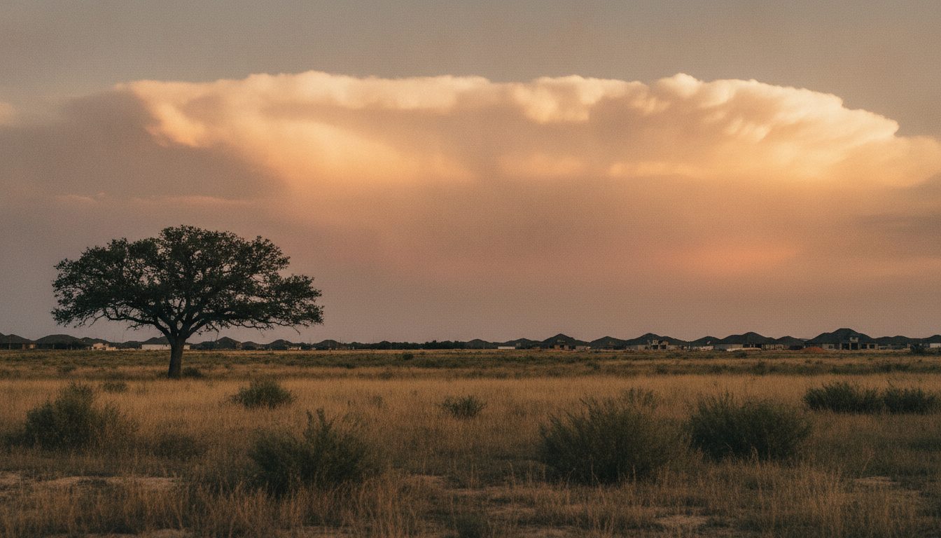 Open North Texas prairie at dusk on the edge of a new neighborhood